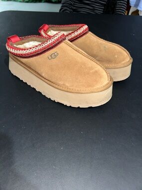 UGG Chestnut Suede Platform Mules with Red Trim